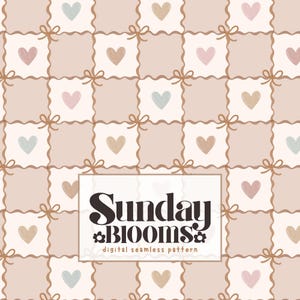 May include: Digital seamless pattern featuring a repeating grid of squares with hearts and bows. The hearts are in shades of pink, beige, and blue-green. The text "Sunday Blooms" is displayed in a white rectangle.