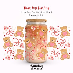 Bear My Darling Glasburkwraps PNG | Coquette Alla hjärtans dag med nallebåge, blommor och hjärtan, tumblerwrap | 16oz Libbey Cup Design