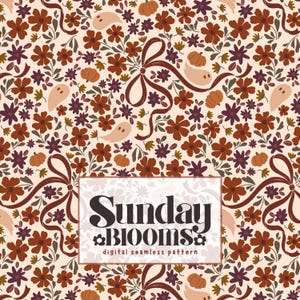 May include: A digital seamless pattern featuring a repeating floral design with brown and purple flowers, pumpkins, ghosts, and ribbon bows on a cream background. The text "Sunday Blooms" is displayed in a white box.