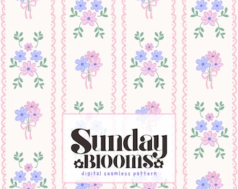 Spring Dainty Floral Stripe Seamless Repeat Pattern with Pastel Pink Purple Flower Designs for Fabric Kids | Digital Download