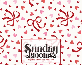 Red Coquette Bows & Pink Hearts Seamless Pattern, Preppy Valentine Repeat Design, Digital File for Commercial Use