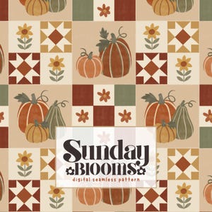 Brown Fall Autumn Pumpkin Floral Patchwork Seamless Pattern, Rustic Farmhouse Quilt Digital Files