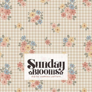 May include: Digital seamless pattern featuring floral bouquets in pastel colors of pink, blue, and yellow, set against a tan and white gingham background. The text "Sunday Blooms" is displayed in a white rectangle.
