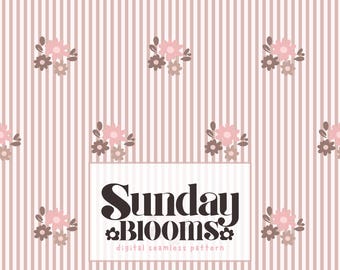 Muted Pink Cottagecore Floral Stripe Seamless Pattern, Pastel Flower Fabric Design, Vintage Baby Girl Kids Digital Repeat Paper