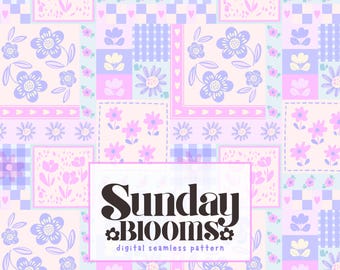 春のパッチワーク花柄シームレスパターン、スイートピンクのラベンダーの花柄、パステルカラーのキルティング生地デザイン、コテージコア（デジタルダウンロード）