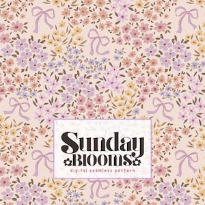 Op de afbeelding: Een digitaal naadloos patroon met een bloemmotief. Het toont kleine bloemen in roze, paars en geel, en lavendel linten. De tekst "Sunday Blooms" wordt weergegeven in een witte doos.