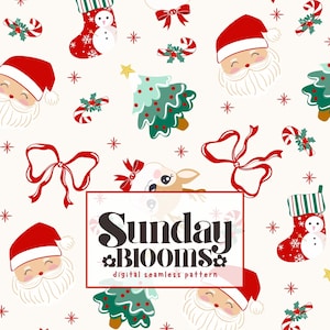 Coquette Classic Christmas Seamless Pattern, Red Green Santa Bows Trees Digital Fabric Holiday Repeating Design