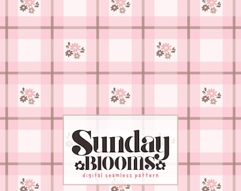 Pastelcore Cottage Floral Karo nahtloses Muster | Rosa Braun Cottage Gingham Blume Digitales Papier für Stoff, Scrapbook, Kinderzimmer Design