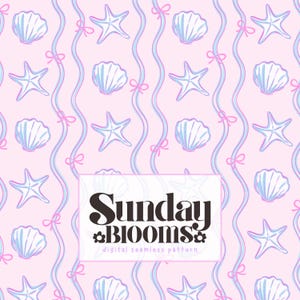 Coquette Pink Coastal Bow Seashell Seamless Pattern and Wavy Stripe, Preppy Summer Repeat Design, Digital Download for Commercial use