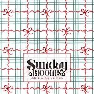 Könnte beinhalten: Nahtloses Muster mit weißem Hintergrund, grünen Karos und roten Bändern mit Schleifen. Der Text "Sunday BLOOMS" befindet sich in einem rot umrandeten Feld. Digitales nahtloses Muster.