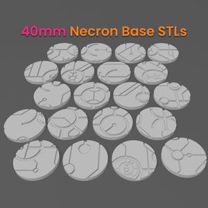 Op de afbeelding: Een verzameling van 18 grijze plastic 40mm Necron-basis STLs voor tabletop-gaming.