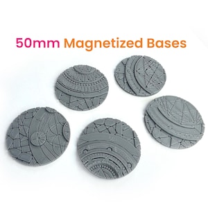 May include: Five 50mm magnetized bases for miniature wargaming. The bases feature a detailed stone design with intricate patterns.