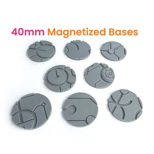 May include: Ten 40mm round, gray plastic bases with different designs. The bases are magnetized and are for use with miniature wargaming figures.