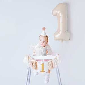 First Birthday Party Kit in Beige, 1st Birthday Decorations, Party Hats, Bunting, Foil Balloons