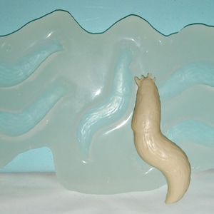 May include: A clear silicone mold with four wavy lines and a beige slug-shaped object.