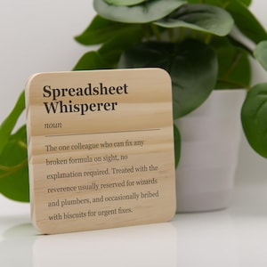 May include: A square light-coloured wooden sign with rounded corners featuring the black printed text: Spreadsheet Whisperer, noun. The text describes a colleague who fixes broken formulas, treated with reverence like wizards and plumbers.