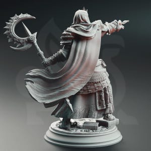 May include: A detailed, gray figurine of a warrior in medieval armor, cape, and hood, holding a crescent-shaped weapon. The figure is posed dynamically, with one arm outstretched and the other holding the weapon. The base features small, detailed objects.
