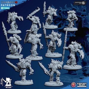Könnte beinhalten: Eine Sammlung grauer Miniaturfiguren gepanzerter Krieger, die jeweils Waffen wie Schwerter und Speere halten. Die Figuren stehen auf kleinen kreisförmigen Sockeln. Das Bild enthält den Text "CHAMAKO PATREON TRIBES" und die Maße 40 mm breit und 43 mm hoch.
