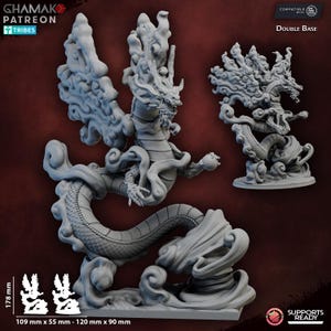 May include: A detailed, gray dragon figurine with a double base. The dragon is depicted with intricate scales, flowing mane, and a dynamic pose, surrounded by cloud-like formations. The dimensions are 178 mm in height, 109 mm x 55 mm, and 120 mm x 90 mm.