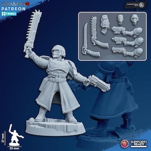 May include: A gray miniature figure of a soldier holding a large saw-like weapon, with additional weapon and head options. The figure is approximately 1 inch wide and 1 inch tall. The figure is on a base.