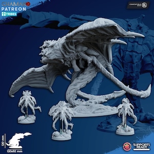 May include: A collection of gray, detailed fantasy miniatures. The central figure is a large, winged creature with a complex, textured design. Smaller figures with multiple tentacles are also present. The image includes the text "CHAMAKO PATREON TRIBES".