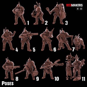 May include: A collection of eleven brown miniature figures in various action poses, each equipped with futuristic armor and weaponry. The figures are numbered and labeled "POSES" at the bottom. The Redmakers logo is in the top right corner.