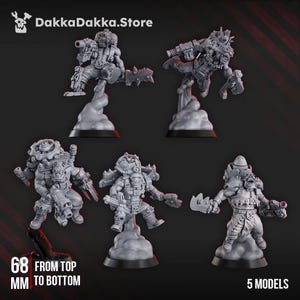 Puede incluir: Cinco figuras en miniatura de resina gris que representan guerreros tipo orco en poses dinámicas, cada una sobre una base con forma de nube. Las figuras incluyen equipo mecánico, armas y armaduras. Texto: DakkaDakka.Store, 68 MM FROM TOP TO BOTTOM, 5 MODELS.