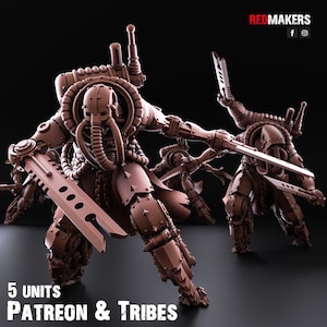 Könnte beinhalten: Braune, futuristische Roboterfiguren mit großen Schwertern. Die Figuren weisen detaillierte mechanische Designs auf, darunter Rohre, Rüstungen und Helme. Der Text "5 UNITS PATREON & TRIBES" befindet sich unten, und das Redmakers-Logo oben.