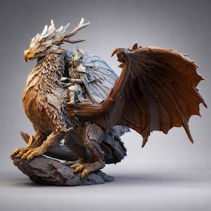 May include: A detailed fantasy sculpture of a dragon with a rider. The dragon is primarily brown with white and gray accents, perched on a rock. The rider is a small figure in armor. The dragon's wings are a deep brown.