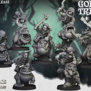 May include: A collection of grey miniature figurines featuring goblins riding large toad-like creatures. The set includes various poses with weapons and gear. Text on the image reads APRIL RELEASE, GOBLIN TRIBES, and highlands miniatures.