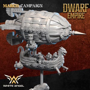 May include: A detailed, grey miniature airship with a Viking ship base, featuring the text "MARCH CAMPAIGN" and "DWARF EMPIRE." The airship has intricate detailing, including shields, ropes, and a dragon figurehead. The White Angel logo is visible at the bottom.