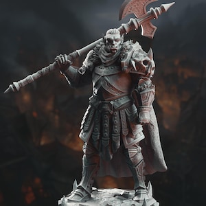 May include: A detailed statue of an Orc warrior, clad in ornate armor and holding a large battle axe over his shoulder. The figure is gray with intricate detailing, including a fur collar and skull-shaped shoulder pads. The statue stands on a rocky base.