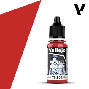 Pode incluir: Uma garrafa de tinta Vallejo Model Color em um tom vermelho vibrante, rotulada como "Vermilion 70.909". A garrafa tem uma tampa preta e um rótulo com uma imagem em preto e branco de um soldado. O fundo é branco com um triângulo vermelho.