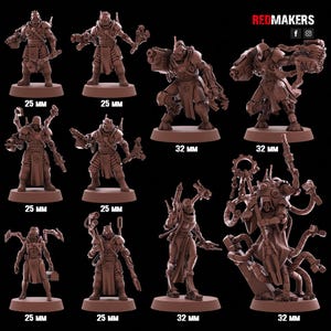 Könnte beinhalten: Eine Sammlung brauner Miniaturfiguren, die jeweils einen futuristischen Krieger mit mechanischen Elementen darstellen. Die Figuren variieren in der Größe, einige sind mit 25 mm und andere mit 32 mm gekennzeichnet. Das Redmakers-Logo ist oben rechts sichtbar.