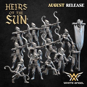 Puede incluir: Un grupo de figuras en miniatura grises de arqueros con armadura, sosteniendo arcos y flechas, con una pancarta. El texto "HEIRS OF THE SUN" y "AUGUST RELEASE" está en la parte superior. El logotipo de White Angel está en la parte inferior.