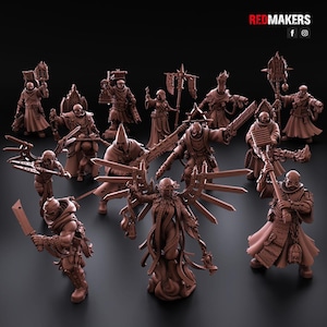 Puede incluir: Una colección de figuras en miniatura marrones, probablemente para juegos de mesa o exhibición. Las figuras representan varios personajes con armas y armaduras, incluyendo espadas, hachas y bastones. Las figuras están en poses dinámicas.