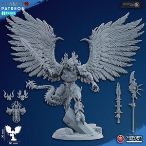 Puede incluir: Una figura en miniatura gris detallada de un demonio alado con una espada, de pie sobre una base rocosa. Se incluyen componentes en miniatura adicionales. La figura mide aproximadamente 7 cm de alto y 6 cm de ancho.