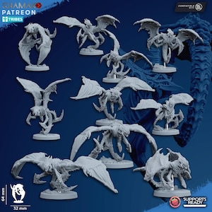 May include: A collection of gray, detailed miniature fantasy creatures with wings and multiple limbs, displayed on small circular bases. The image includes the text "GHAMAK PATREON TRIBES" and "SUPPORTS READY". The miniatures are approximately 64 mm tall and 32 mm wide.