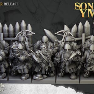 May include: A collection of grey miniature dwarf figures, each with a long beard, helmet, and weapons like crossbows and rifles. The figures stand on a rectangular base. The text "SEPTEMBER RELEASE" and "SONS OF YMIR" are visible.