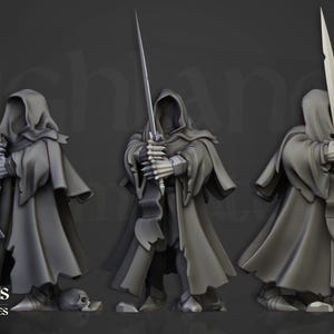 May include: Three grey miniature figures of hooded warriors holding swords. The figures are in a battle stance, with detailed skeletal hands and armour. A skull rests at the base of one figure. The Highlands Miniatures logo is in the lower left.