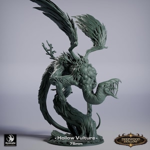 May include: A detailed, grey-green Hollow Vulture miniature, 7.5cm tall, with large feathered wings, a serpentine neck, and a menacing, toothed maw. The sculpture is mounted on a textured base, with the text "Hollow Vulture" and "75mm".