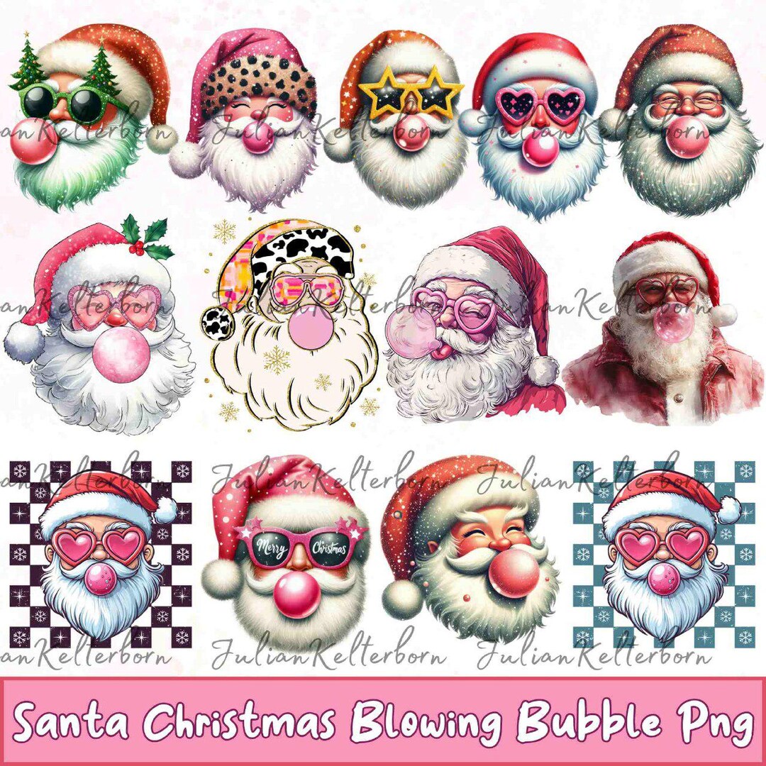 Retro Santa Christmas Blowing Bubble PNG, Vintage Merry Christmas PNG ...