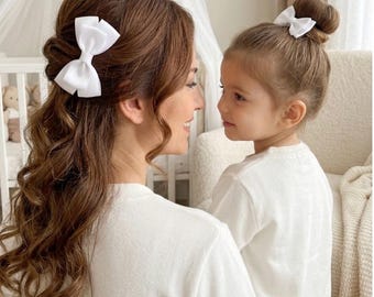 White Satin Bow Hair Clip Set, Mommy and Me Matching Elegant Accessory