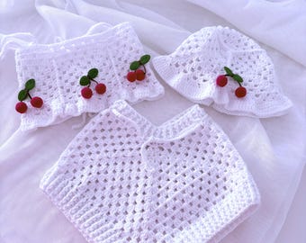 Handmade Crochet Cherry Baby Set: Organic Cotton Halter Top & Shorts