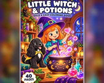 Libro da colorare Streghetta per bambini 5-9 anni, 40 disegni di magia e pozioni, Halloween PDF stampabile