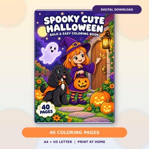 Può includere: Una copertina di un libro da colorare digitale intitolato Spooky Cute Halloween Bold & Easy Coloring Book con 40 pagine. L'illustrazione mostra un bambino in costume da strega viola, un cane nero con mantello arancione, un fantasma e zucche.