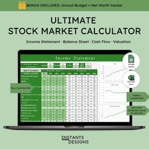 Instant Stock Market Calculator | Excel and Google Sheets Template for Calculating Intrinsic Value, Stock Analysis, and Investment Insights
