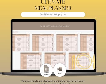 Meal Digital Planner Template Google Sheets & Excel | Weekly Meal Planning Spreadsheet | Food Organizer | Shopping List Generator