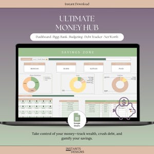 Hoja de cálculo de presupuesto gamificada en Google Sheets, Centro financiero inteligente, Rastreador del reto de ahorro 5x5, Calculadora de pago de deudas, Panel de control de riqueza