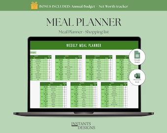 Meal Planner Google Sheets & Excel | Weekly Meal Plan Spreadsheet | Shopping List Generator | Digital Food Planner | Grocery List Organizer